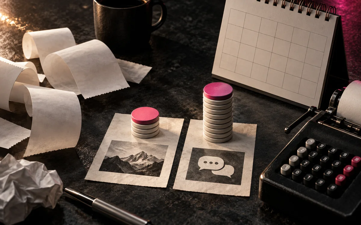 Tokens, receipt paper and a calendar arranged to illustrate AI content costs